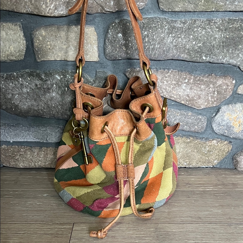 Multi-Color knit & Leather Drawstring Bucket Bag